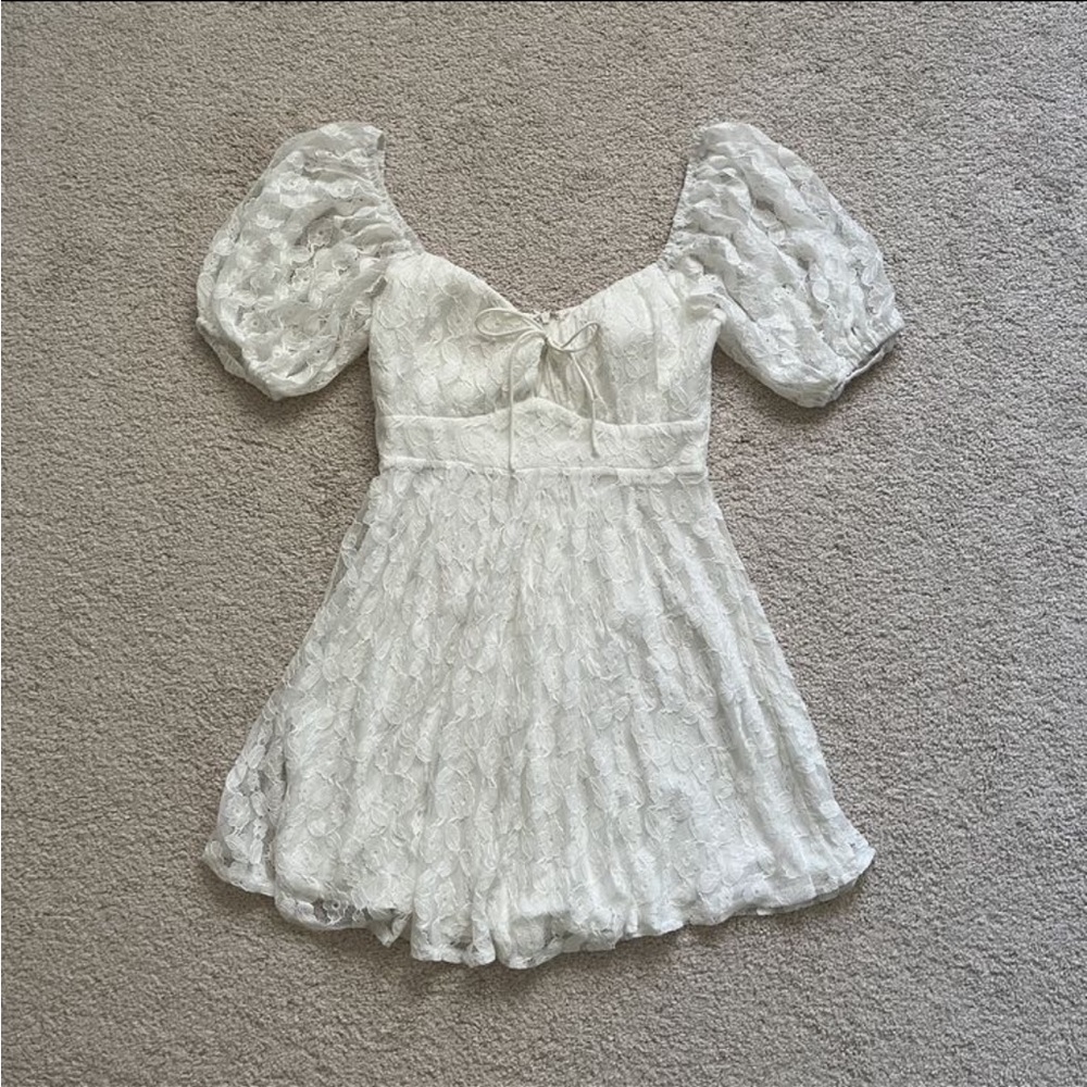 White Lace Puff Sleeve Mini Dress